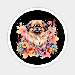 A pekingese decorated with beautiful watercolor flowers Magnet